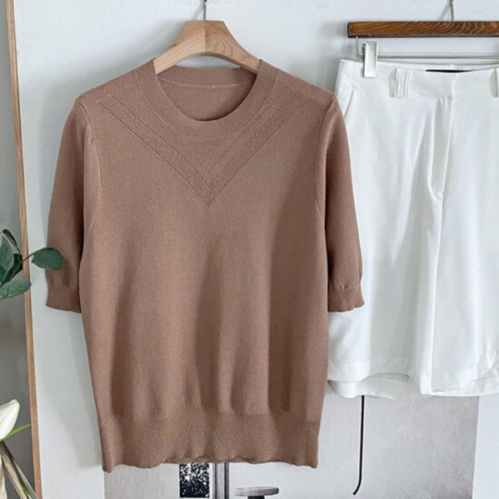 Shop Women Round Neck V Punching ShorT sleeVe KniT T shirT Brown Dgb Wkn 4558
