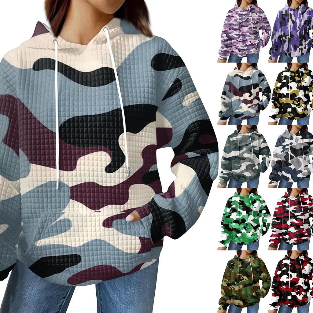 Women's Fashionable Loose Fitting Hooded Pullover, Long Sleeved Sportswear, Camouflage Printed Top, Daily Hoodie