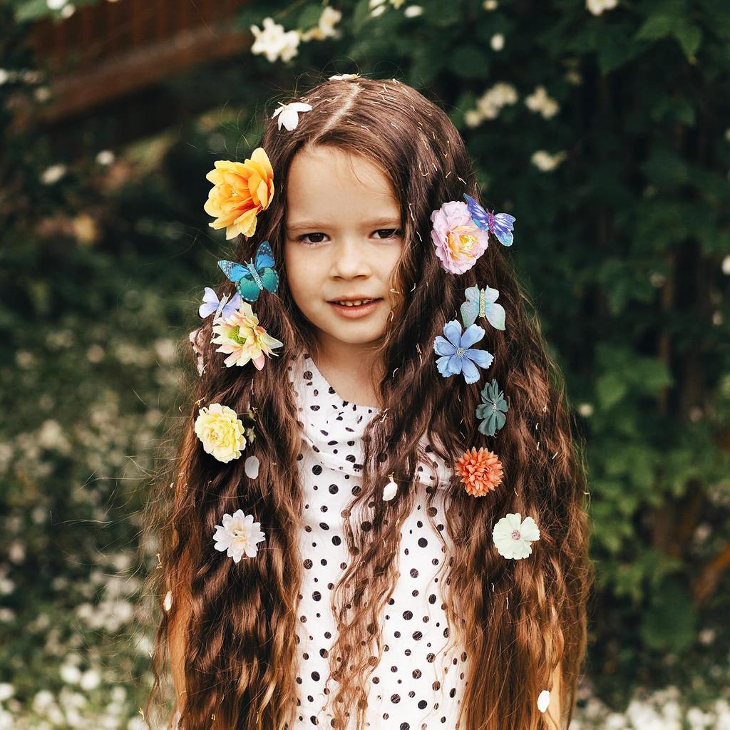 Hair Clip Set, 32 Pieces Flower Clip with Butterfly Clip Set for Women Girls Artificial Rose Hair Barrettes Butterfly Pins (Yellow, Green) |