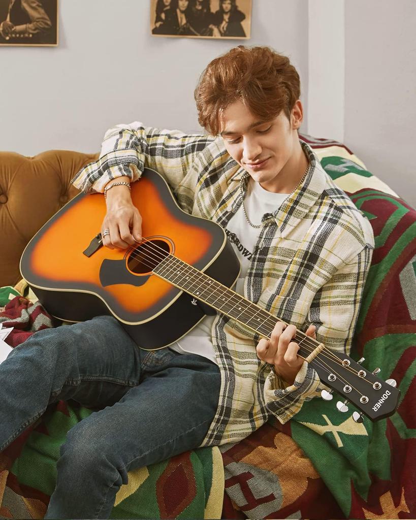 Donner Acoustic Guitar Beginner Set Spruce Top 41 Inch Folk Guitar Dreadnought Right Handed Soft Case Tuner Included Sunburst DAG-1