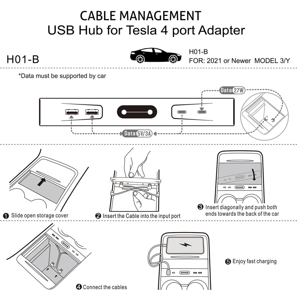 Для автомобиля 3/Y Центральная консоль Перчаточный ящик USB-концентратор Порты Передача данных Адаптер Док-станция Расширение 27 Вт Быстрая зарядка