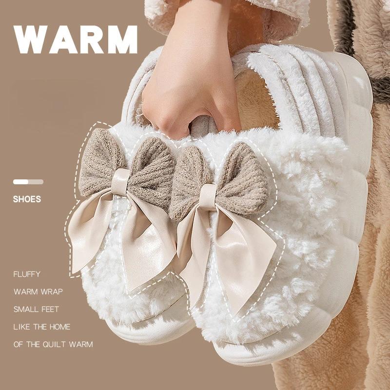 Женские хлопковые тапочки 2024 года, зимние новые домашние теплые плюшевые пушистые удобные нескользящие уличные хлопковые туфли с бабочкой