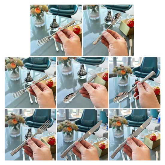 Western Food Tableware Stainless Steel Serrated Steak Knife Sharp Fork Tines Curved Spoon Dishwasher Safe Hammered Texture