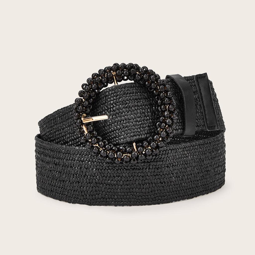 Simple Solid Color Bead Ring Buckle Decoration Women Woven Belt For Casual Ethnic Wear