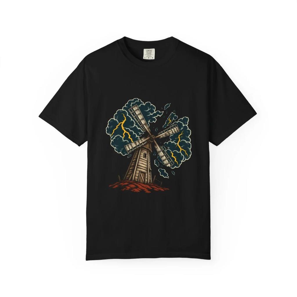 Windmill Lightning Graphic T-Shirt Black Front Print Comfort Colors 1717