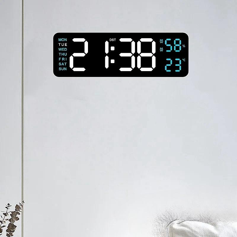 USB Powered 9 Inch Large Digital Wall Clock Temperature Humidity Week 2 Alarm Auto Dimmer Snooze 12/24H DST Desk LED Alarm Clock