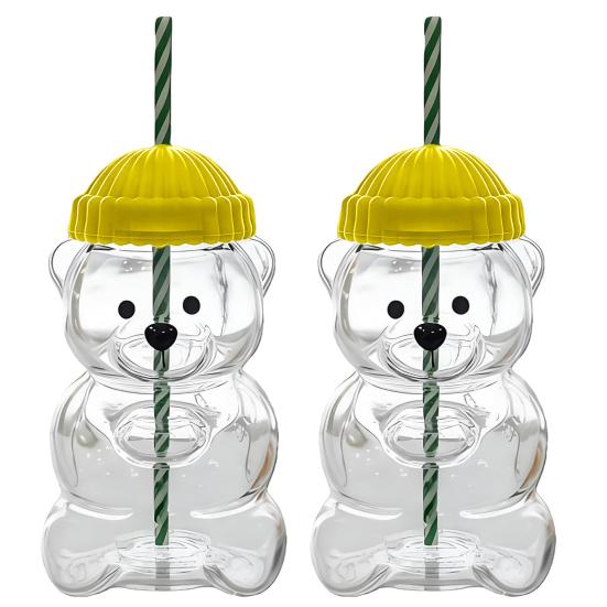 2Pcs Bear Shaped Tumbler with Lid & Straw Cute Leak-Proof Cup for Kids Adults Plastic Cold Drink Cup for Smoothie And Iced Coffee