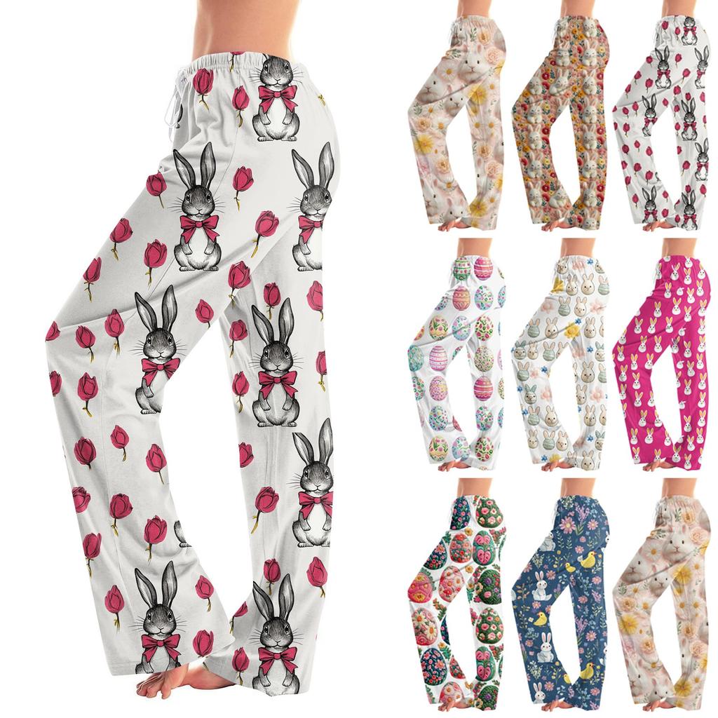 Womens Pajama Pants Sleepwear Casual Drawstring Elastic Waist Pants Comfy Straight Yoga Loose Trousers Easter