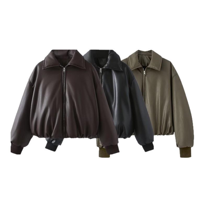 Womens PU Leather Puffer Jacket Short Warm Streetwear Coat With Zipper Pocket Loose Fit