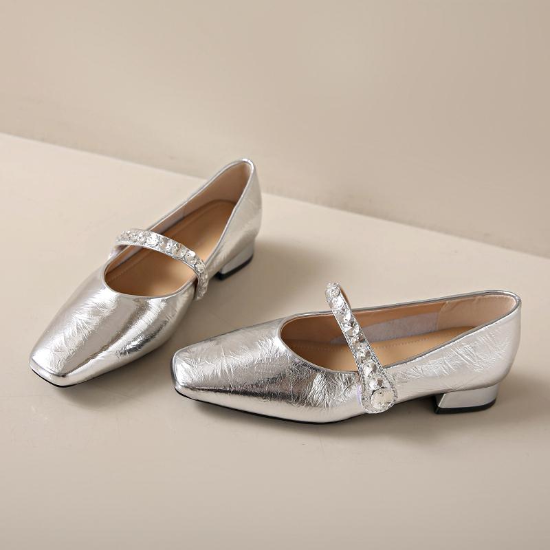 Модные роскошные туфли Мэри Джейн со стразами, женские серебристые туфли на низком каблуке для вечернего платья, женские элегантные французские туфли с квадратным носком