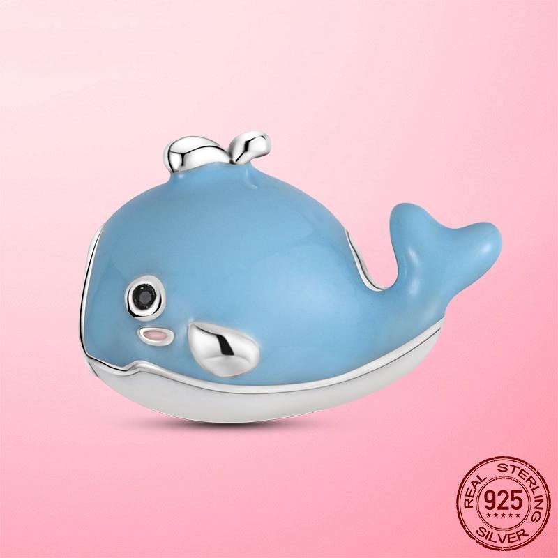 925 Silver Dolphin Love Charm Blue CZ Zircon Beads Pendant Fit Brand Bracelet Necklace Original 925 Silver Jewelry