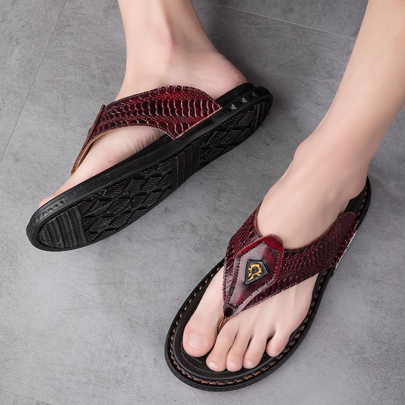 Genuine Leather Men Slippers Handmade Flip Flops Crocodile Grain Style Summer Men Casual Shoes Non-slip Outdoor Men Beach Shoes