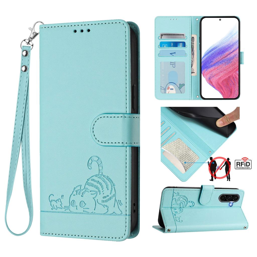For Samsung Galaxy A36 5G Case with Strap RFID Blocking Leather Wallet Phone Cover Cat Mouse Pattern