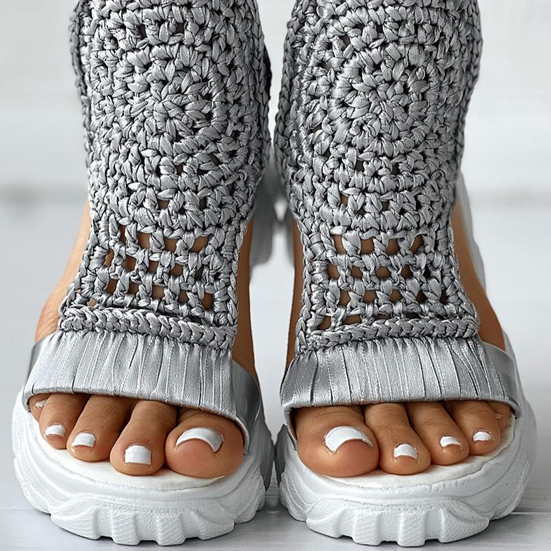 Sandals Women Braided Geometric Wedge Sandals Knitted Elastic Summer Shoes Mesh Flat Sandals Hollow Female Platform Shoes Gold