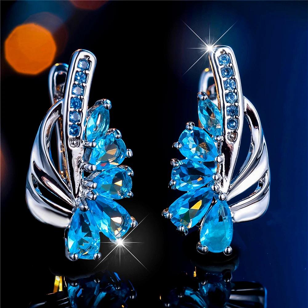 Изысканные синие зеленые серьги-кольца с цирконием для женщин, серебряные висячие серьги с цветком, элегантные вечерние украшения