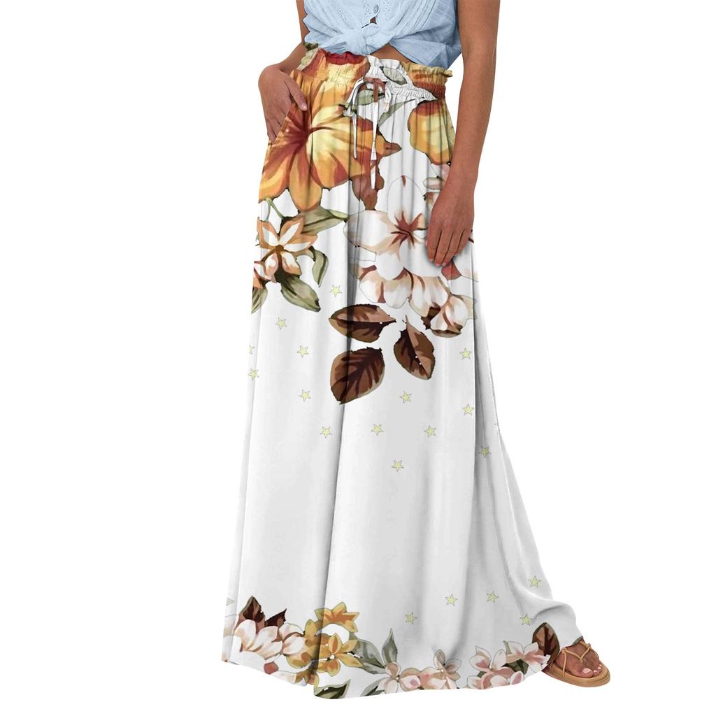 Женские широкие брюки с высокой талией, летние повседневные струящиеся брюки-палаццо, пляжные брюки с цветочным принтом и карманом