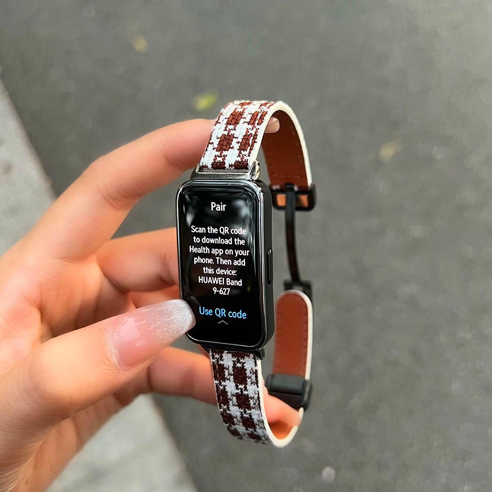 Applicable Huawei Bracelet 10 Huawei 9 Bracelet Strap Nfc Plaid Cloth Magnetic Buckle Leather Wristband Watch Strap