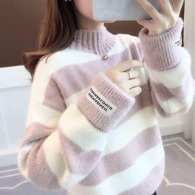 2023 Winter Thick Mink Fleece Stripe Sweater Women 4 Color Pullover Short Jumper Ladies Long Sleeve Half High Collar Tops Female