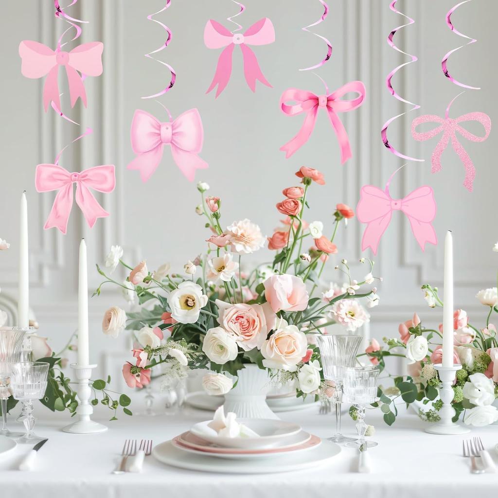 20 Pcs Pink Bow Party Hanging Swirls Decorations Pink Girl Theme Bow Garland Birthday Party Decoration Banner for Baby Shower Bridal Shower