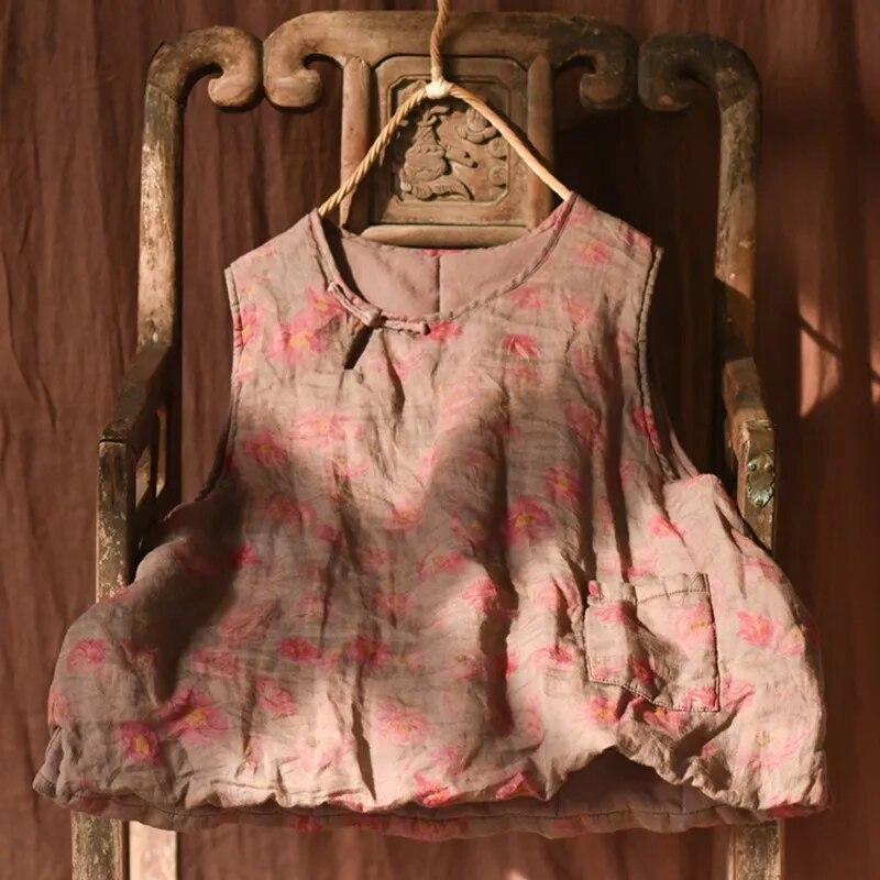 Johnature Women Vintage Print Floral Pullover Vests Coats O-Neck Patchwork Pockets Clothes Spring Chinese Style Vests