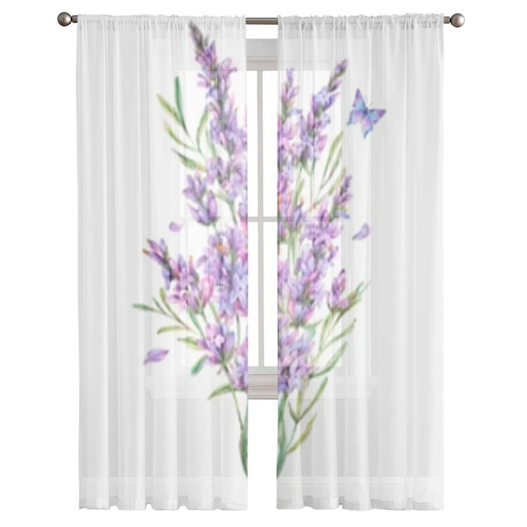 Акварельные цветы лаванды, прозрачные шторы для гостиной, спальни, кухни, тюлевые занавески, декоративные прозрачные панели для дома