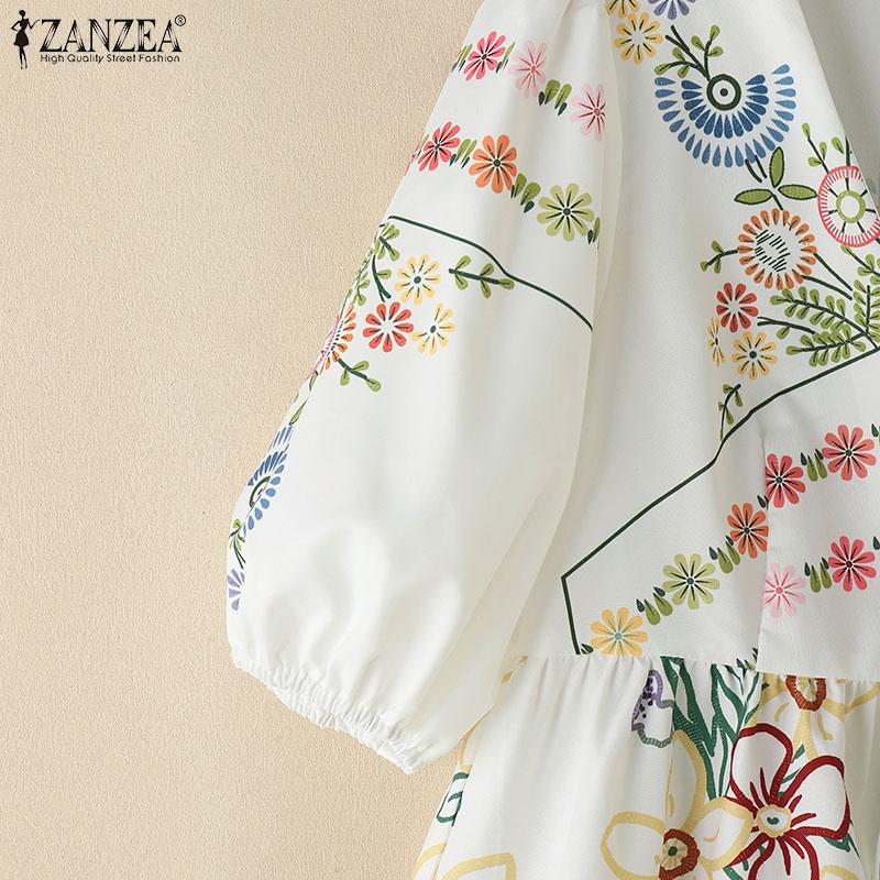 ZANZEA Женская повседневная блузка с принтом на шнуровке, V-образным вырезом и коротким рукавом