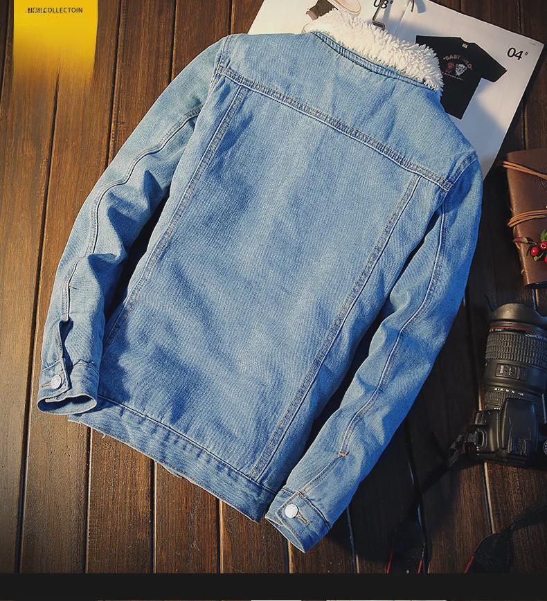 Men's Thick Warm Lambskin Denim Jacket - Large Size, Autumn/Winter Korean Style