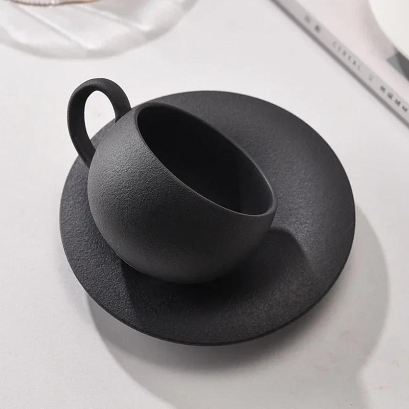JUSTINLAU Japanese Ceramic Mug Black White Fired Stone 110/280ml Coffee Cup&Saucer Set Breakfast Milk Coffee Cup Egg-shaped Mug