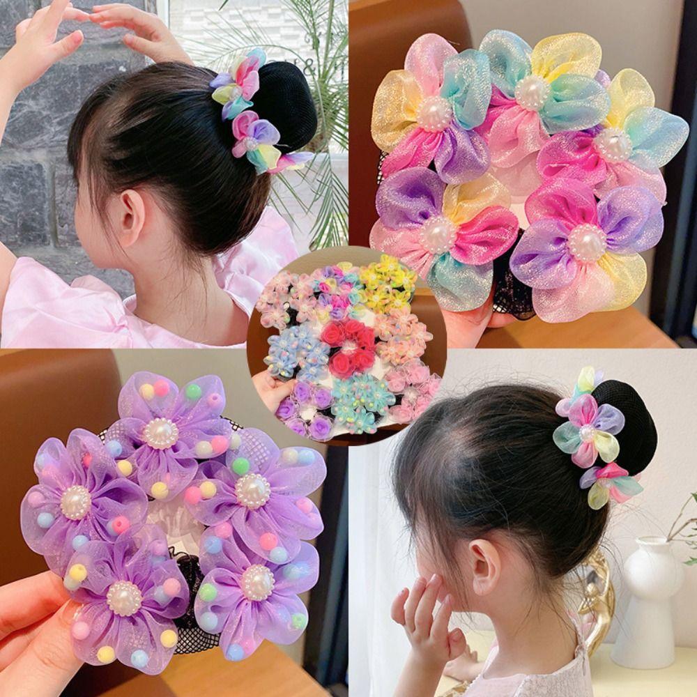 Mesh Flower Hair Net Rainbow Ballet Bun Snood Fashion Children Bun Net  Party