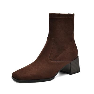 Винтажная обувь осень-зима из флока, современные ботинки на среднем каблуке, квадратный носок, сохраняющий тепло, размер 43, лаконичные эластичные ботильоны