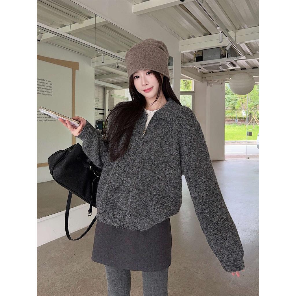 Универсальный трикотажный кардиган для通勤, женский осенне-зимний на молнии с воротником поло, многослойный повседневный свитер-жакет