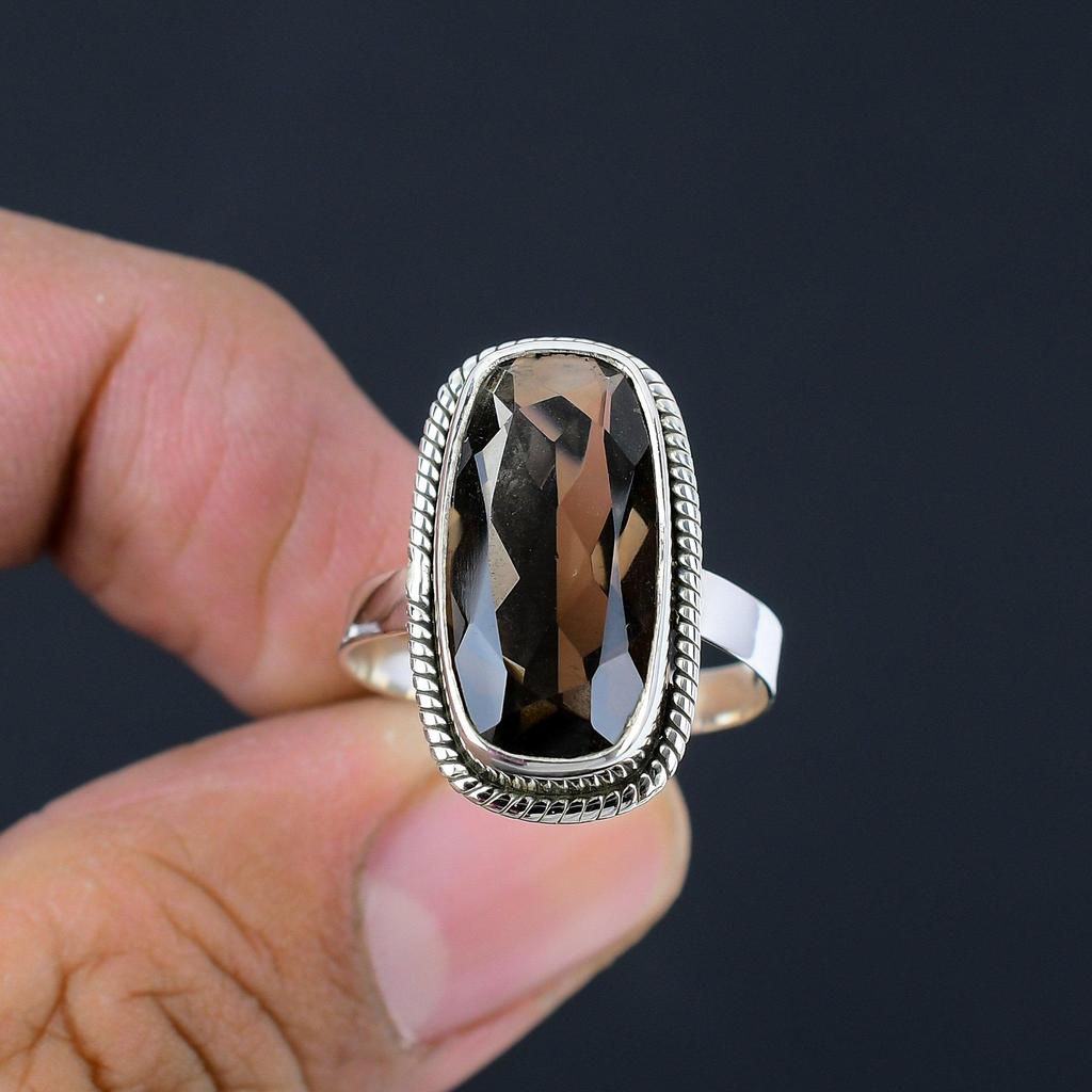 Ограненный дымчатый кварц, массивное кольцо ручной работы из стерлингового серебра 925 пробы, ювелирные изделия