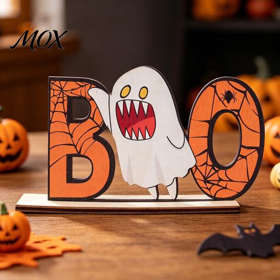 Childlike Halloween Room Accent Wooden Table Sign, Cute Pumpkin Boo Ghost Vibrant Party Prop Tabletop Centerpiece for Indoor Mantel Fireplace