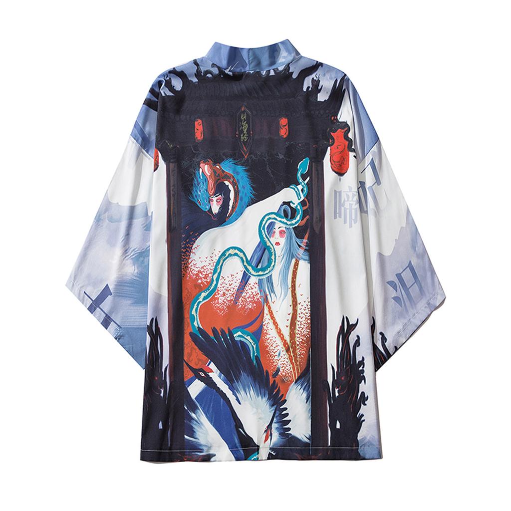 Men's Casual Loose Open Front 3/4 Sleeve Japanese Style Print Cover Up Cardigan