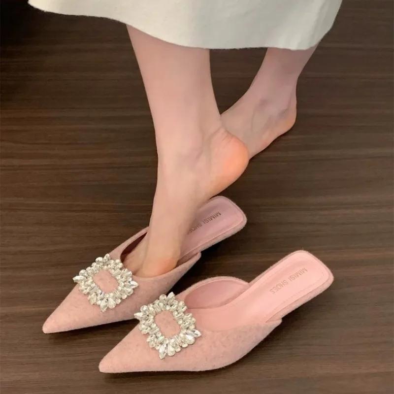 Женская обувь с закрытым носком, женские тапочки, модные туфли, женские сандалии с острым носком и квадратными пуговицами на низком каблуке