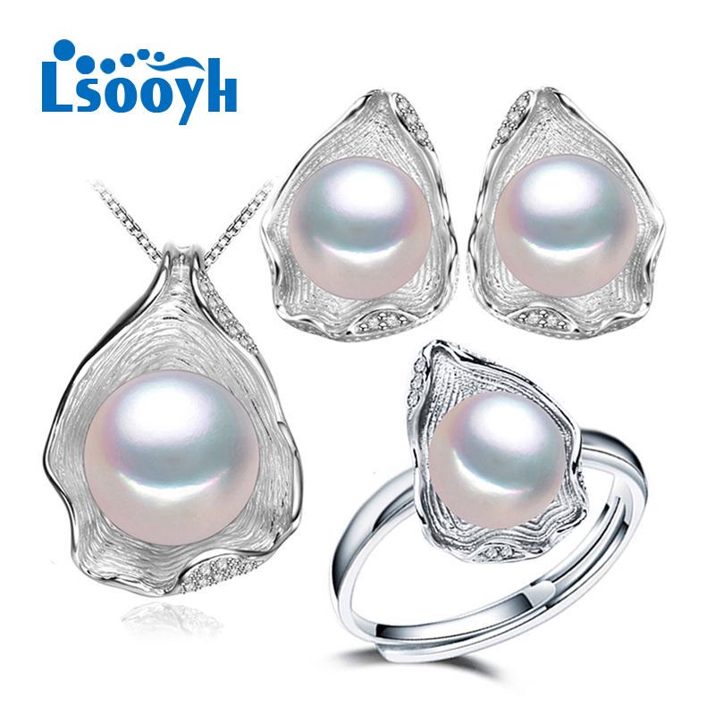 LSOOYH Shell Design Natural Freshwater Pearl Earrings Ring CZ Cubic Zirconia Necklace Jewelry Sets