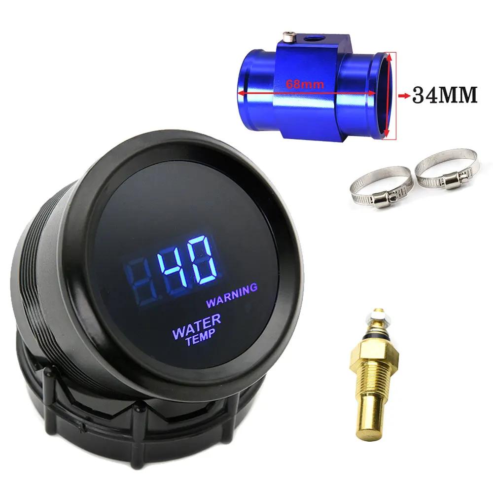 52mm Water Temperature Gauge Blue LED Light with 16mm-40mm Joint Pipe Adapter Black/Blue with Water Temp 1/8NPT Sensor