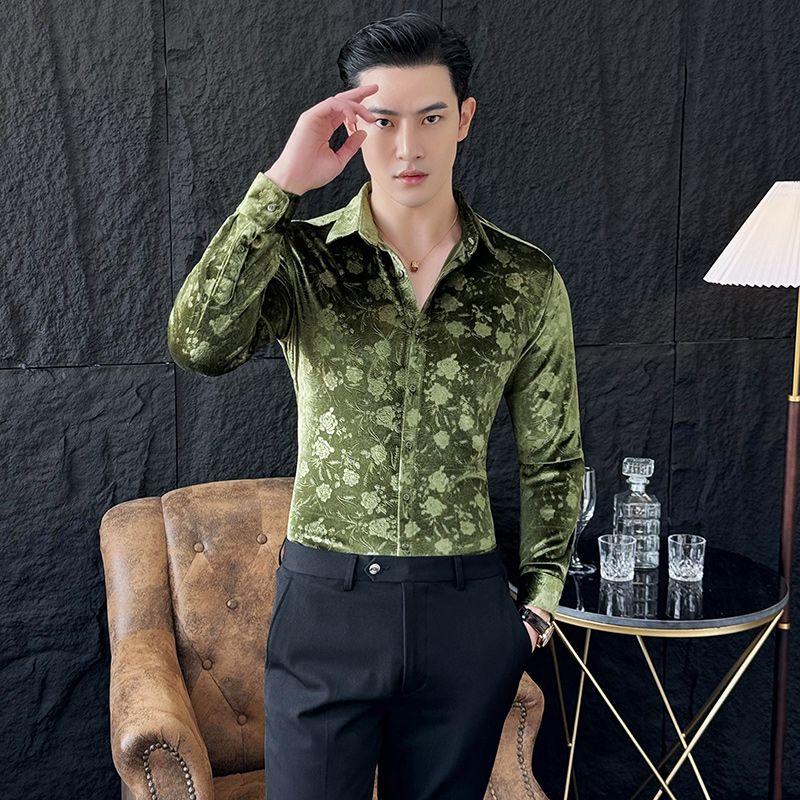 Стрейч Вельвет Рубашка с Длинным Рукавом Приталенная Заостренный Воротник Однотонная Жаккардовая Универсальная Трендовая