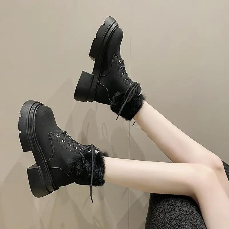 Элегантные на шнуровке на среднем каблуке с круглым носком шнурки женская обувь мода весна 2024 39 большой размер теплые на молнии женские зимние ботинки