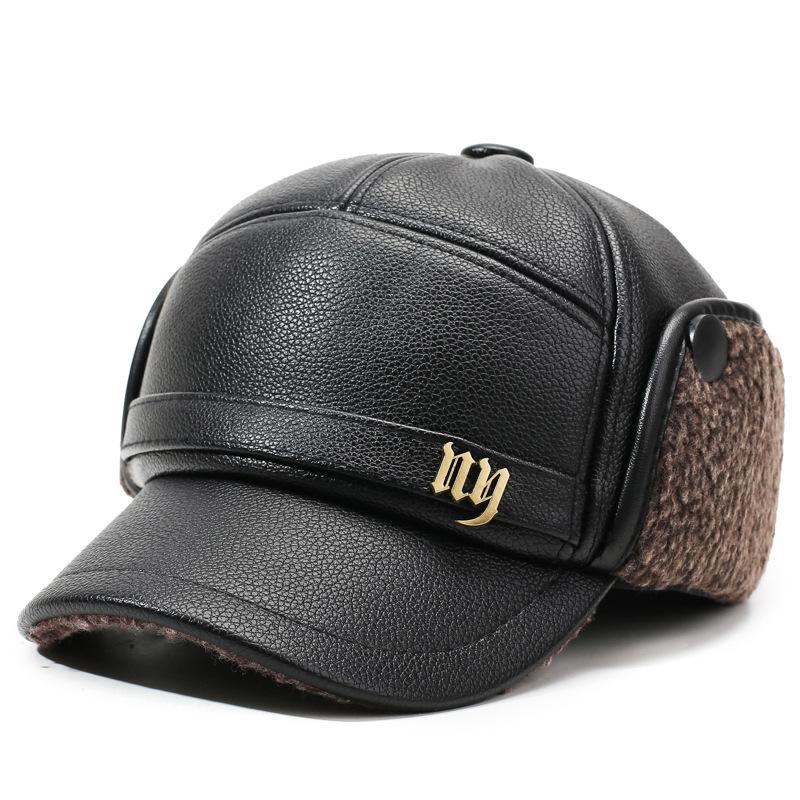 Men's Leather Hat Winter Warm Ear Protection Hat for Middle-Aged and Elderly People Bomber Hat Thick Cold-Proof Cap
