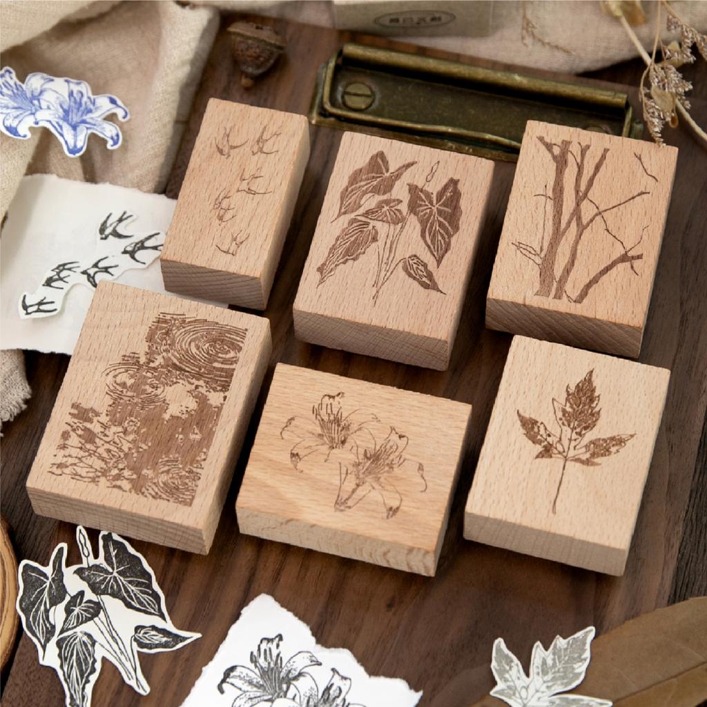 JIAMEI Selection Time Series Retro Plants Bird Scenery Beech Wood Seal DIY Journaling Scrapbook Aesthetic Decoration Seal