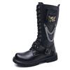 2025 Rock Boots Tall Men's Leather Boots Skull Chain Lace-up Cowboy Boots Thick Sole Trend Stage Martin Boots