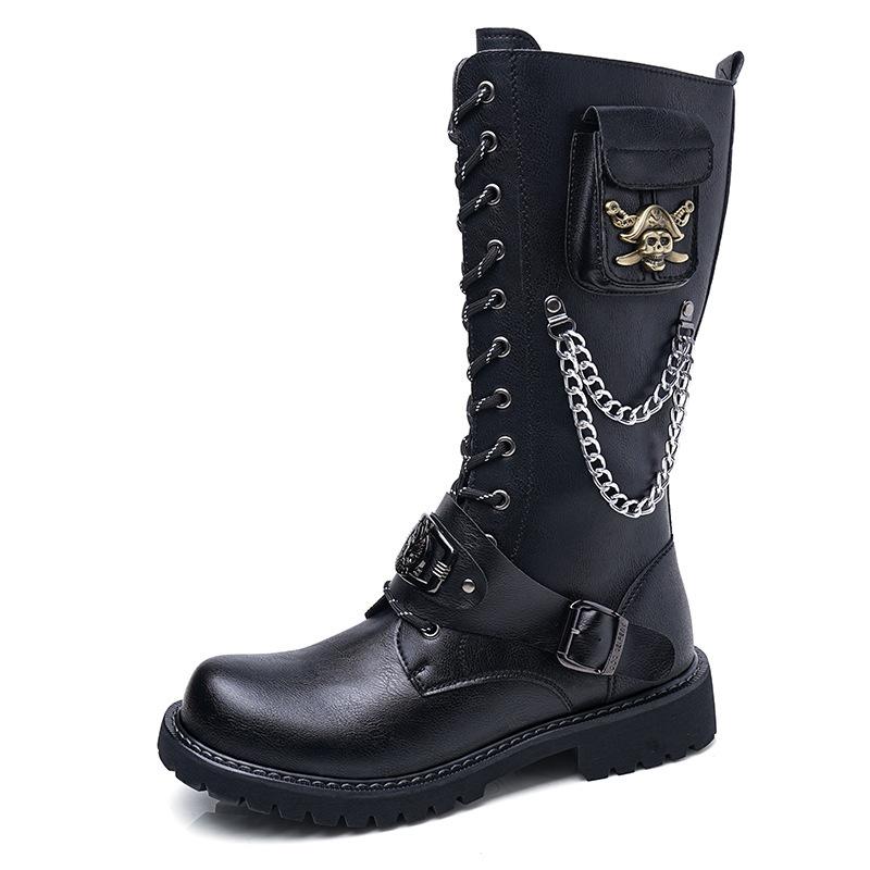 2025 Rock Boots Tall Men's Leather Boots Skull Chain Lace-up Cowboy Boots Thick Sole Trend Stage Martin Boots