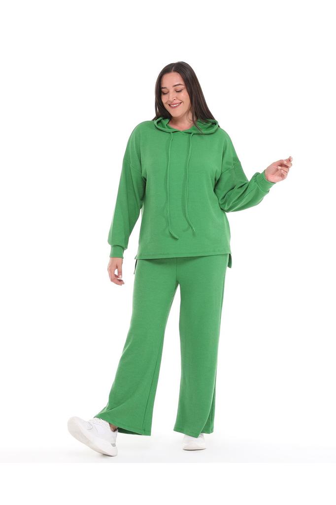 Women's Fashion Big Size Tracksuit Set Green Plus Size Wide Leg Long Sleeve Hooded Tracksuit Set