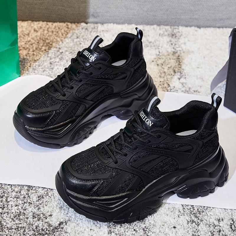 Absorbent sole women's shoes spring 2025 new sports shoes thick sole heightening running shoes children's casual leather dad shoes