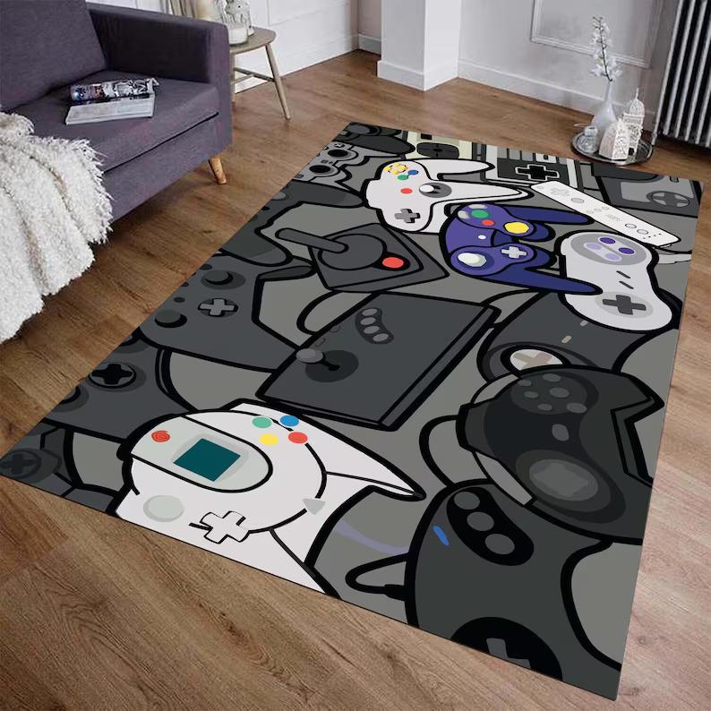 Neon Glow Game Controller Area Rug Colorful Gaming Joystick Print Non Slip Floor Carpet for Game Room Home Decor