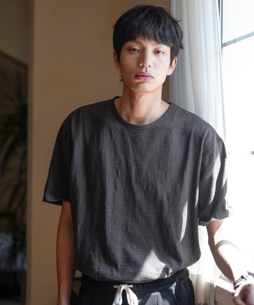 JEMUT Slub Half U-Neck Short Sleeve T-Shirt Dark Gray Oyst2636
