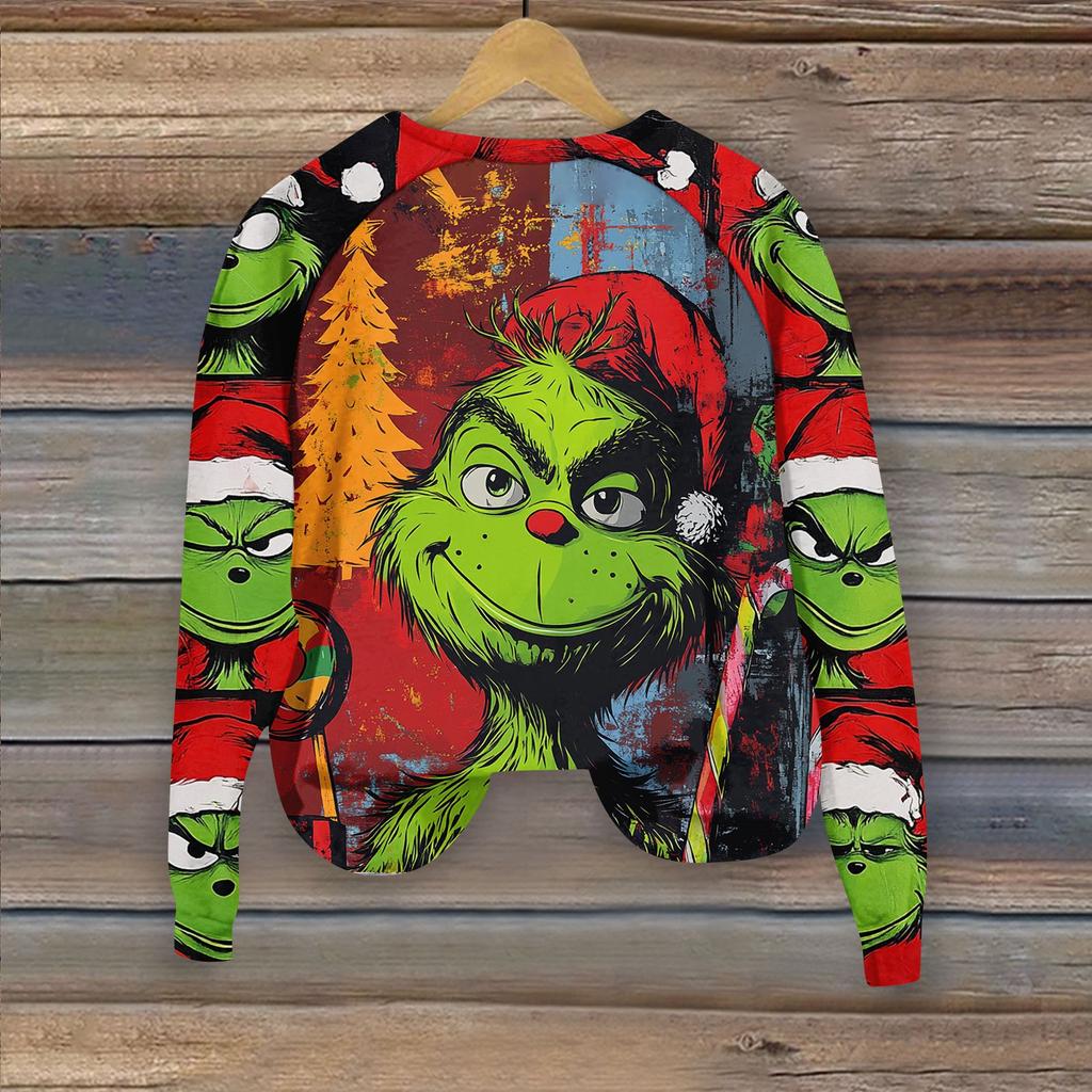 Женская мода повседневная толстовка с длинным рукавом и принтом рождественского Гринчмаса с круглым вырезом и реглан
