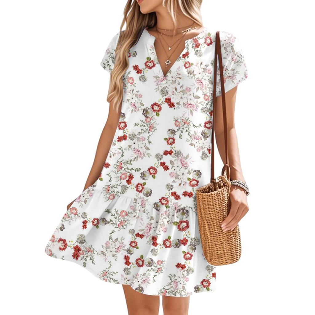 Женские платья с коротким рукавом и V-образным вырезом с цветочным принтом Свободные повседневные пляжные платья в стиле темперамент