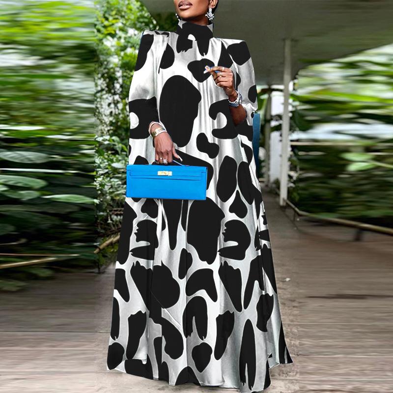 Женские платья больших размеров с воротником-стойкой и длинным рукавом в горошек